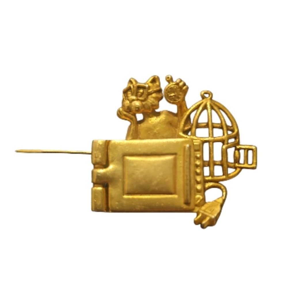 2" vintage Signed gold-tone brooch Pin Cat Bird Cage